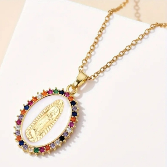 Gold Virgin Mary Rhinestone Necklace - Picture 6 of 7